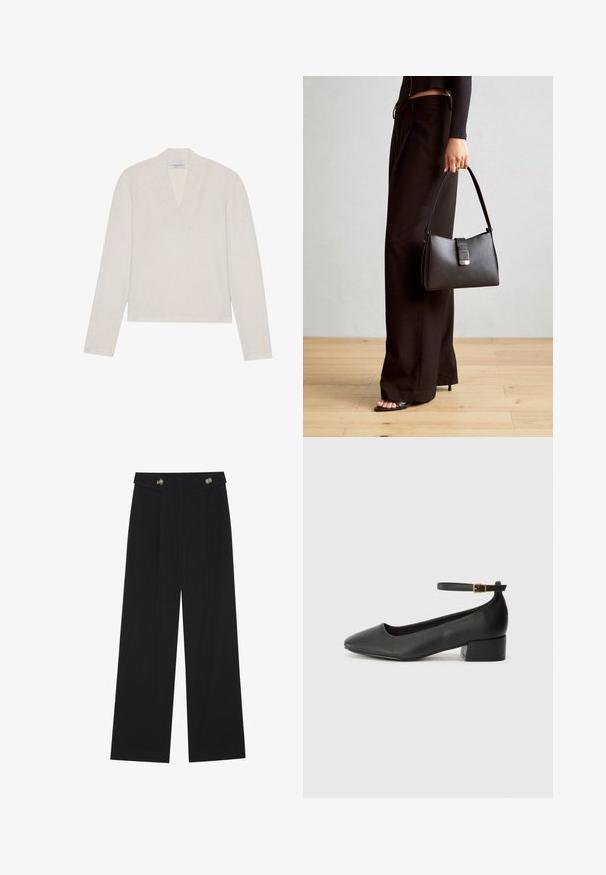 Pull léger beige clair à manches longues avec un col en V, fabriqué en maille douce. Design simple avec une coupe légèrement raccourcie et sans motifs visibles.; Pantalons larges noirs à taille haute, avec des détails de boutons à la taille et des plis sur le devant.; Escarpin en cuir noir avec un bout pointu et un petit talon bloc. Doté d'une bride de cheville avec une boucle dorée. Texture lisse.; Sac à main noir à la forme structurée, texture lisse et fermoir métallique. Associé à un pantalon noir ample et des sandales ouvertes sur un sol en bois.