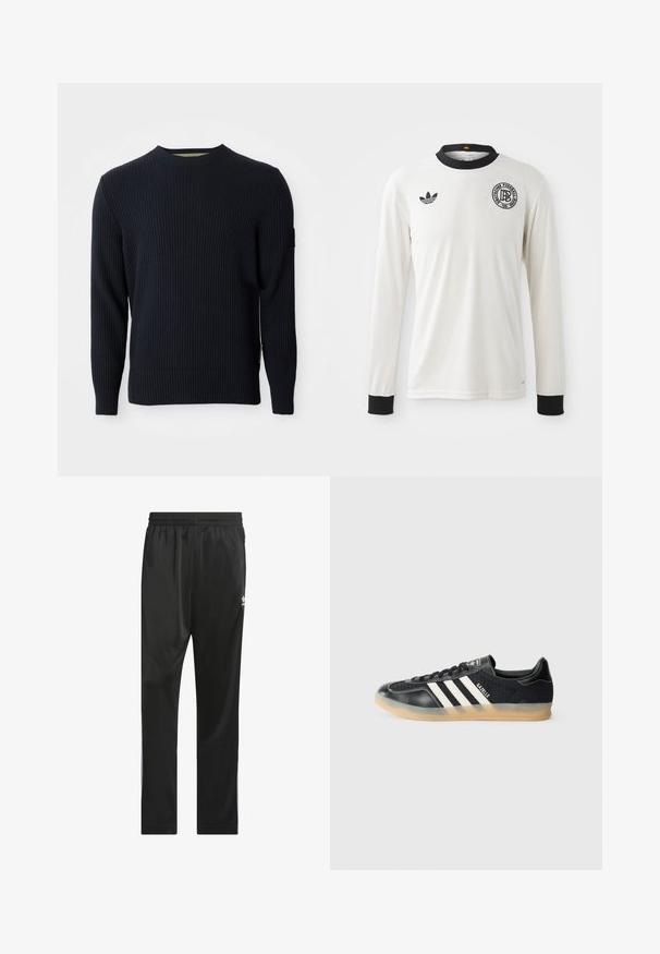 Kootud tumesinine kampsun, millel on soonikstruktuur, ümar kaelus ja pikad varrukad. Vasakul varrukal on väike logopatch.; Valge pika varrukaga jalgpallipusa ribakujulise tekstuuriga, musta krae ja mansettidega, musta Adidas logo ja ümmarguse graafilise embleemiga.; Mustad mustriga mustreid sisaldavad mustad sportpüksid, mis on valmistatud siledast ja kerge materjalist. Need sisaldavad elastset vöökohta ja valgeid küljeribasid ning reie peal on logo.; Musthave mustelnahktel ketsid valgete triipudega, tekstureeritud kangast, sileda nahast varbaga ja kummist tallaga. Omab logo keeles.