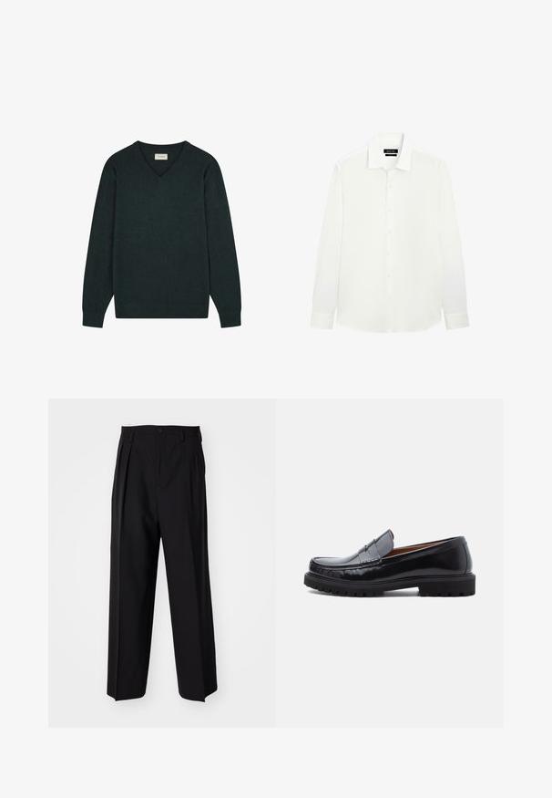 V-neck pullover sweater in dark green, made of soft knit fabric. Features long sleeves and a subtle embroidered logo on the chest.; White long-sleeve shirt with a classic collar, button placket, and fitted cuffs. Smooth fabric with a subtle sheen. Tag visible at the neckline.; Black pleated trousers with a straight, wide-leg design. Made from smooth fabric, featuring a button closure and belt loops.; Black leather penny loafer with chunky rubber sole and moc toe stitching, shown in profile on a white background.