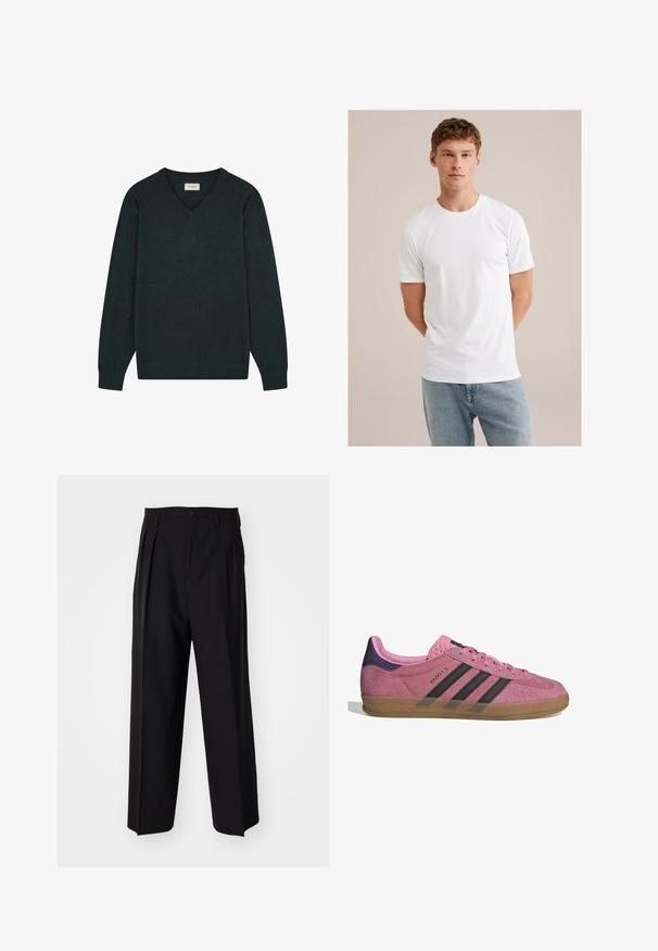 V-pääntie neulepaita tummanvihreänä, valmistettu pehmeästä neulekankaasta. Ominaisuuksiin kuuluu pitkät hihat ja huomaamaton brodeerattu logo rinnassa.; Nuori mies, jolla on vaaleanruskea hiusväri, pukeutuneena yksinkertaiseen valkoiseen lyhythihaiseen t-paitaan ja vaaleansinihin farkkuihin beigen taustan edessä.; Mustat laskostetut housut, joissa on suora, leveä lahje. Valmistettu sileästä kankaasta, jossa on nappisuljenta ja vyölenkit.; Vaaleanpunaiset mokkanahkakengät mustilla raidoilla, kumipohjalla ja teksturoidulla purppurakorkealla. Varustettu nauhakiinnityksellä ja kohokuvioidulla brändäyksellä sivussa.