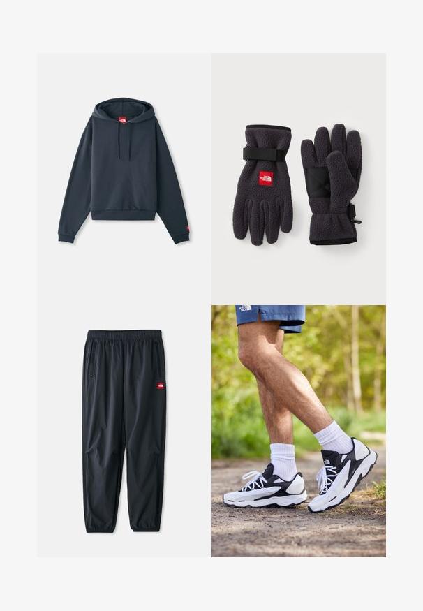 Navyblaues Kapuzensweatshirt aus weichem Stoff, mit einer Kängurutasche, gerippten Bündchen und einem Logotag auf der Vorderseite.; Hellgrünes Kurzarm-T-Shirt aus weicher Baumwolle, mit einem kleinen roten Logostein auf der linken Brustseite. Entspannte Passform und runder Halsausschnitt.; Schwarze leichte Hosen aus synthetischem Material, mit elastischem Bund, seitlichen Reißverschlusstaschen und einem kleinen roten Logo-Patch.; Schwarz-weiße Sportschuhe mit einem Obermaterial aus Mesh, strukturierten Akzenten und weißen Schnürsenkeln. getragen mit weißen Knöchelsocken und dunkelblauen Shorts auf einem Weg.; Fleece-Handschuhe in Dunkelgrau mit strukturiertem Finish. Mit verstellbaren Riemen und einer schwarzen verstärkten Handfläche ausgestattet. Markenlogo in Rot.