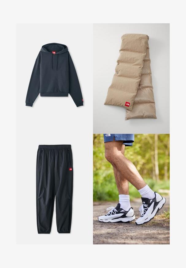 Námořnická modrá mikina s kapucí vyrobená z měkké tkaniny, obsahuje klokankovou kapsu, žebrované manžety a logo štítek na přední straně.; Svetle zelené tričko s krátkým rukávem vyrobené z měkké bavlny, s malou červenou nášivkou umístěnou na levé části hrudi. Volný střih a kulatý výstřih.; Černé lehké kalhoty vyrobené z syntetického materiálu, s elastickým pasem, bočními kapsami na zip a malou červenou nášivkou.; Černobílé sportovní boty s síťovaným svrškem, texturovanými akcenty a bílými tkaničkami. Nosené s bílými kotníkovými ponožkami a námořnickými šortkami na stezce.; Beige šála typu puffer s texturovaným povrchem, skládající se z polstrovaných sekcí, a má červenou štítek s logem na dolním okraji.
