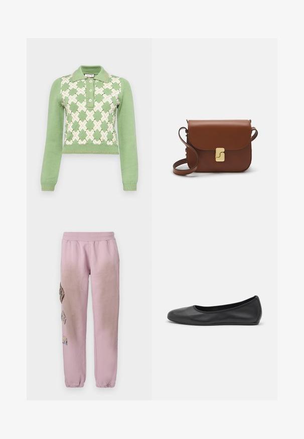 Gebreide trui in lichtgroen met een wit ruitpatroon en oranje accenten. Heeft een kraaghals en een sluiting met drie knopen.; Witte korte mouwen t-shirt van ribstof. Ronde halslijn, normale pasvorm en subtiele stiksels. Geen patronen of grafische elementen.; Roze sweatpants met een elastische tailleband, voorzien van decoratieve patches in ruitvorm aan de linkerkant en elastische boorden bij de enkel.; Zwarte leren ballerina met een ronde neus, gladde textuur, minimale stikdetails en een flexibele zoolontwerp.; Bruine leren handtas met een klep sluiting, gouden hardware, een schouderband en een gladde textuur. Compact rechthoekige vorm.