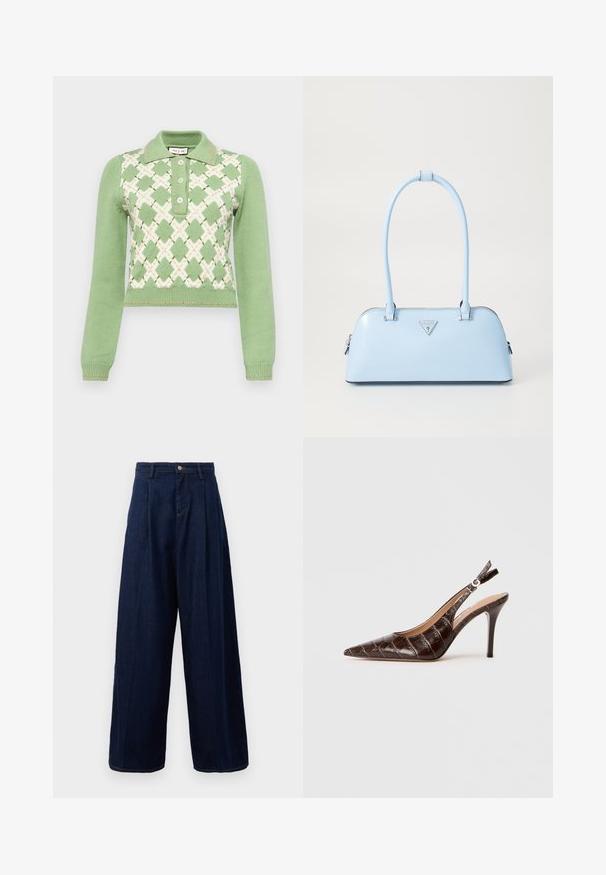 Strikket pullover i lys grøn med hvid diamantmønster og orange detaljer. Har en kravehalsudskæring og tre knaplukninger.; Mørkeblå denim bukser med vid ben og høj talje, plisseret front og klassisk knaplukning, udstyret med sidelommer og kontraststing.; Brun, krokodillepræget læder slingback-pumpe med spids tå, åbne sider og en tynd høj hæl. Designet med en spændejustering.; Lyseblå håndtaske med en struktureret form, glat lædermateriale, to hanke og et trekantet brandlogo på fronten. Lynlås lukning.
