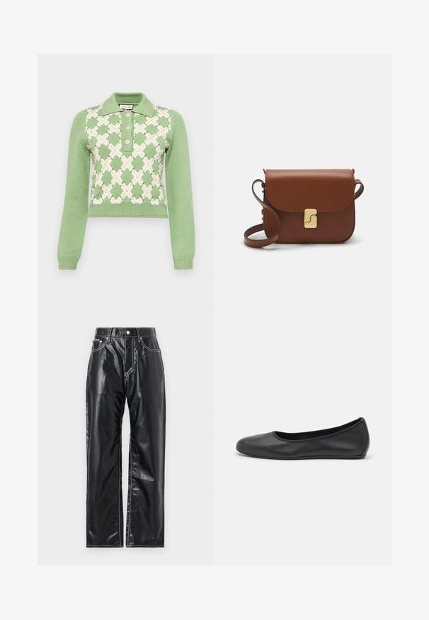 Gebreide trui in lichtgroen met een wit ruitpatroon en oranje accenten. Heeft een kraaghals en een sluiting met drie knopen.; Zwarte neplederen broek met een wijduitlopende snit, voorzien van witte stiksels, voorzakken en een gouden knoop in de taille.; Zwarte leren ballerina met een ronde neus, gladde textuur, minimale stikdetails en een flexibele zoolontwerp.; Bruine leren handtas met een klep sluiting, gouden hardware, een schouderband en een gladde textuur. Compact rechthoekige vorm.