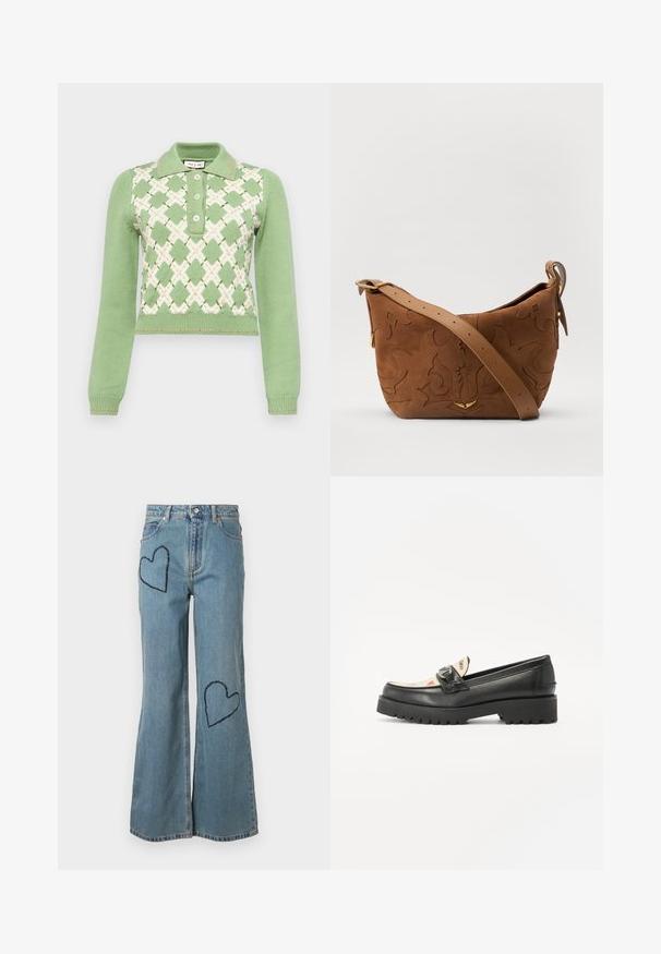 Heledroheline kudum, millel on valge rombimuster ja oranžid aktsendid. Omab kaelust ja kolme nupuga avausega.; Heledad sinine teksapükste lõwa, mille esiosas on kaks tumedat sinist südamepläätsi. Klassikaline viie tasku disain ja nupuga sulgemine.; Mustad mustad nahast loafers pakuvad tugevat kummist tallat, nelinurkse varba ja dekoratiivse rihmaga. Kujundus sisaldab südamekujuseid mustreid insolel.; Pruun sametist õlavarre kott, millel on reljeefne lillemuster, mida täiendab sile pruun nahast rihm ja kuldse tooni lisandid.