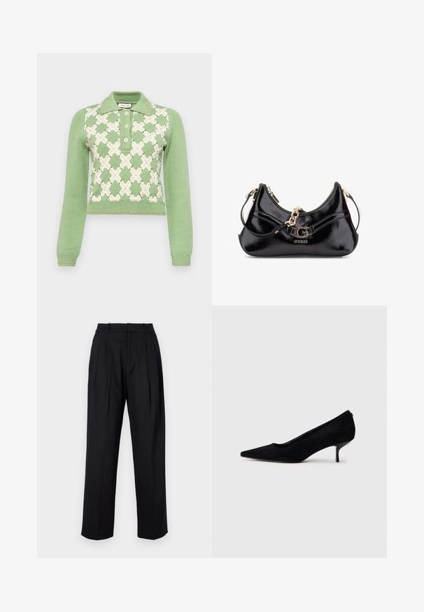 Pull en tricot vert clair avec un motif en losange blanc et des accents orange. Il présente un col et une patte de boutonnage à trois boutons.; Pantalons noirs au design ajusté, avec une taille haute, des plis et une coupe droite. Fabriqués en tissu lisse de couleur unie.; Chaussure à talon haut en suede noir avec un bout pointu et un talon fin et bas. Texture lisse avec un design épuré, sans matériel visible.; Sac en cuir verni noir avec un design courbé, des accents en métal doré et un logo bien en évidence. Comprend une bandoulière amovible.