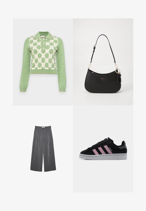 Knit pullover in light green with white diamond pattern and orange accents. Features a collared neckline and three button placket.; Pleated wide-leg trousers in a dark gray fabric with a subtle texture. Features a button closure and a classic waistband design.; Black suede sneaker with pink three-stripe design, gray rubber sole, and textured tongue. Features branding on the side and heel.; Black synthetic handbag with a curved shape, gold hardware, and a triangular logo. Features a zip closure and an adjustable strap.