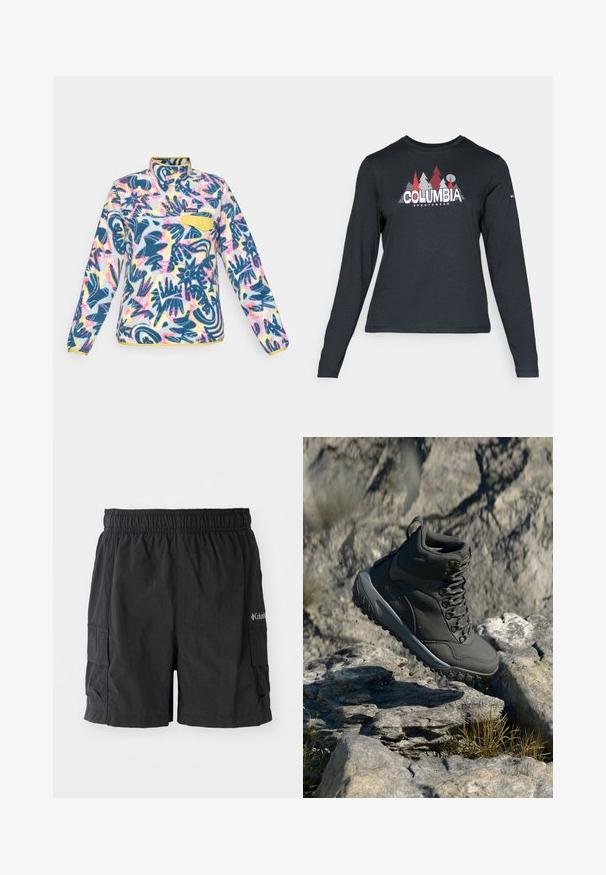 Fleece-Pullover mit einem mehrfarbigen Blumenmuster, blauen, gelben und rosa Akzenten; verfügt über einen Viertelreißverschluss und eine Brusttasche mit Knopf.; Dunkelgraues Langarmshirt mit einem Grafikdesign von roten Bäumen und Bergen; das "COLUMBIA"-Logo in fett weißer Schrift. Weicher Stoff, klassischer Rundhalsausschnitt.; Schwarze Cargoshorts aus leichtem Stoff, mit einem elastischen Bund, Seitentaschen und einem Logo auf der unteren rechten Seite.; Dunkelgrauer Wanderschuh aus synthetischem Material, mit gepolstertem Kragen, Metallösen und strukturierten Gummisohlen für besseren Halt.