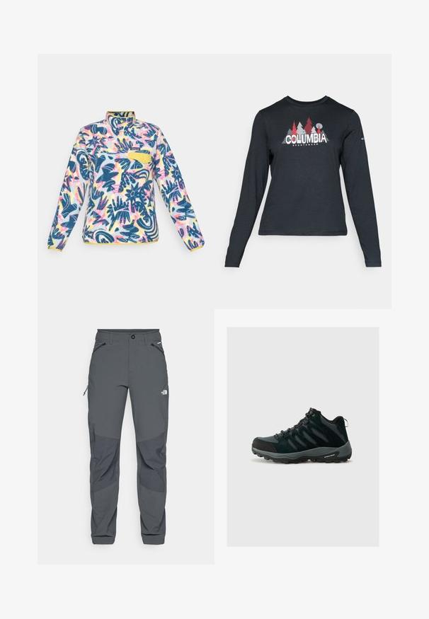 Pullover in pile con un motivo floreale multicolore, con dettagli blu, gialli e rosa; presenta una zip a quarti e una tasca sul petto con bottone.; Maglietta a maniche lunghe grigia scura con una grafica di alberi rossi e montagne; logo "COLUMBIA" in caratteri bianchi in grassetto. Tessuto morbido, scollatura a girocollo standard.; Pantaloni outdoor grigio scuro con toppe rinforzate sulle ginocchia, tasche laterali e frontali con zip, chiusura con bottone e logo The North Face sulla coscia.; Columbia REDMOND - Scarpa da hiking - black/citron haze