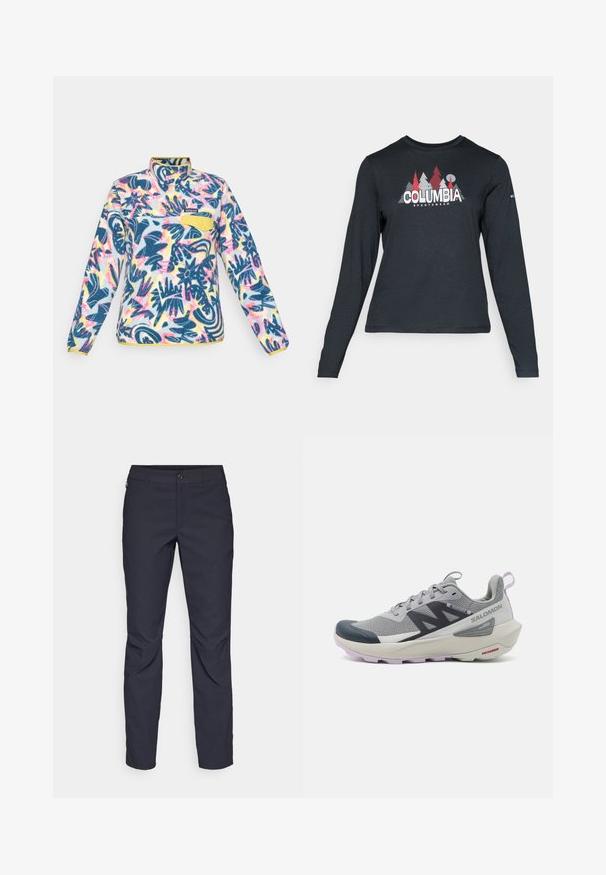 Pullover in pile con un motivo floreale multicolore, con dettagli blu, gialli e rosa; presenta una zip a quarti e una tasca sul petto con bottone.; Maglietta a maniche lunghe grigia scura con una grafica di alberi rossi e montagne; logo "COLUMBIA" in caratteri bianchi in grassetto. Tessuto morbido, scollatura a girocollo standard.; Pantaloni blu navy realizzati in tessuto liscio, con chiusura frontale a bottone, design slim-fit e pieghe decorative sulle ginocchia.; Scarpa da corsa Salomon in grigio e blu navy con una tomaia in mesh traspirante, punta in gomma e suola testurizzata con accenti di lavanda.
