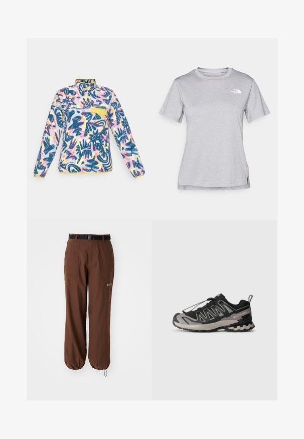 Pulôver de fleece com um padrão floral multicolorido, com detalhes em azul, amarelo e rosa; possui um zip de um quarto e um bolso no peito com botão.; T-shirt cinza de mangas curtas feito de um tecido suave e que absorve a humidade. Apresenta um decote redondo e um pequeno logotipo branco na parte superior esquerda.; Columbia BREA FALLS™ PANT - Calças para exterior - tobacco; Sapatilha desportiva em preto e cinza com parte superior em malha, sola em borracha e sistema de atacadores elásticos. Apresenta uma biqueira reforçada e detalhes texturizados.