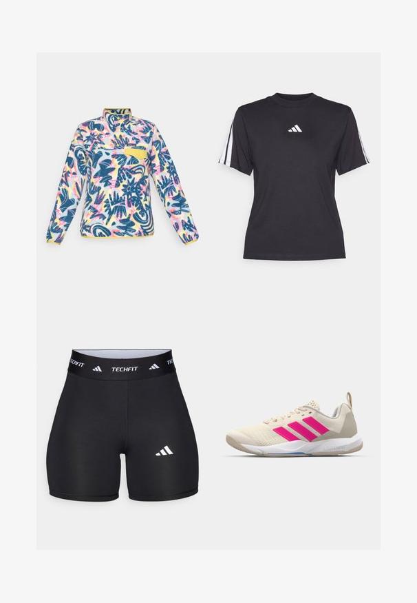 Fleece-puller med ett flerfärgat blommönster, blå, gula och rosa detaljer; har en kvartdragkedja och en bröstficka med knapp.; Svart sportt-shirt i mjukt tyg, med rund halsringning, korta ärmar och tre vita ränder på varje axel. Vit logotyp på bröstet.; Svarta shorts tillverkade av elastiskt material med en figurnära design. Har ett brett svart midjeband märkt "TECHFIT" och en vit logotyp på benet.; Beige idrottssko med rosa tre-stripes logotyp, texturerad meshöverdel, vadderad krage och vit gummisula, med "LIGHTSTRIKE"-branding.