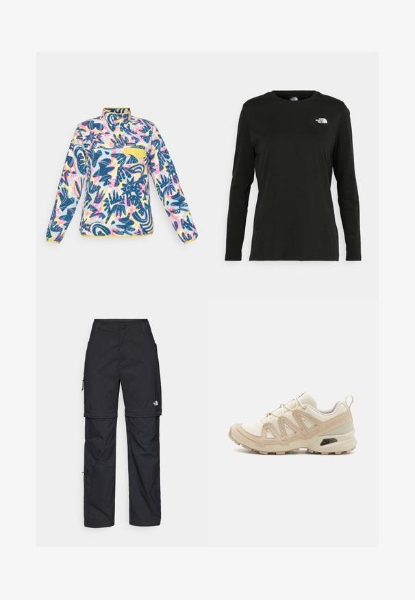 Flis pulover z večbarvnim cvetličnim vzorcem, modrimi, rumenimi in roza poudarki; vsebuje četrtinski zadrgo in žep na prsih z gumbom.; Črna majica z dolgimi rokavi iz bombaža z okroglo izrezom. Ima majhen bel logotip na levem prsnem delu. Enostaven dizajn in prileganje.; Črne najlon hlače z zipom, ki se lahko odstranijo, s prilagodljivimi manšetami, več žepi in logotipom na desni nogi. Gladka, lahka tekstura.; Bež in krem športni čevlji z teksturiranim mrežastim zgornjim delom, podpornimi prekrivali in gumijastim podplatom z vzorcem za oprijem.