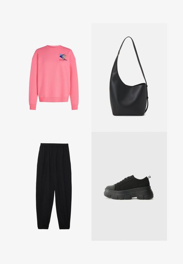 Roosa kapuutsiga pusa, mis on valmistatud pehmest puuvillasegusest kangast, ümmarguse kaeluse, langenud õlgade, soonikkoes mansettide ja rindkerele brodeeritud graafikuga.; Mustad, kerge kangas püksid elastse vöökoha ja kokku volditud pahkluudega. Kanga pind on sile ja disain on lõdvestunud, kitsenev.; Mustad mustad mustikad, millel on tugev kummist põhi, tekstuuriga kangast pealis, ümar varvas ja seotud disain. Omab tugevdatud silmuseid ja tagumist tõmbeotsta.; Mustast nahast hobo kott, millel on sile tekstuur, kumer kuju ja üks reguleeritav rihm; peal on lai avaus.