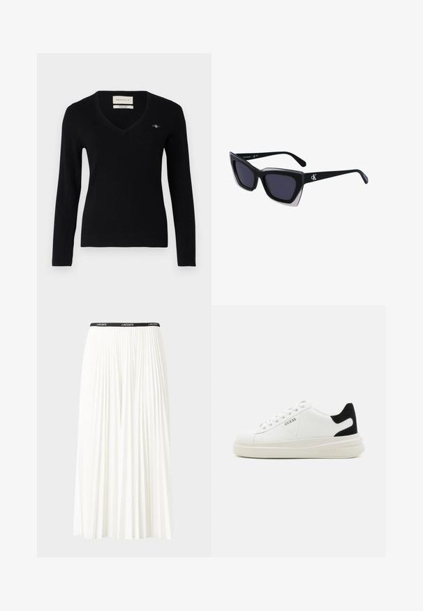 Svart v-hals genser laget av myk strikket stoff. Har lange ermer, ribbede mansjetter, og en liten brodert logo på brystet.; Plissert hvit skjørt med en svart elastisk midje som har "LACOSTE"-logoen. Midjelengde design med myk tekstur.; Hvite lær sneakers med tykk hvit såle, svart semsket hælforsterkning og preget logo på siden. Snøresystem med seks hull.; Store svarte solbriller i overdimensjonert størrelse med geometrisk form, med mørke linser og en kontrasterende grå detalj på rammen. Logo på armen.