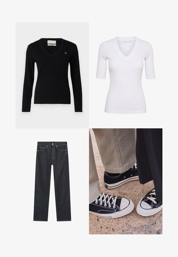 Czarny sweter w serek wykonany z miękkiej dzianiny. Posiada długie rękawy, ściągacze oraz małe, haftowane logo na klatce piersiowej.; Biała, prążkowana bluzka z krótkim rękawem i dekoltem w kształcie litery V. Materiał jest gładki, o dopasowanym fasonie, z minimalnym logo na dole.; Ciemnoniebieskie jeansy o prostym kroju z pięcioma kieszeniami, metalowymi nitami i zapięciem na guzik w pasie.; Czarne płócienne trampki z białymi gumowymi czubkami i sznurówkami. Kontrastowe przeszycia i metalowe oczka dodają szczegółów. Noszone z beżowymi spodniami i czarnym materiałem.