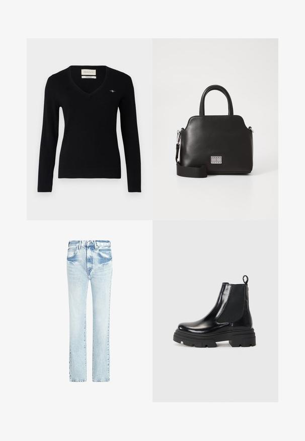 Zwarte v-hals trui van zacht breisel. Beschikt over lange mouwen, geribbelde manchetten en een klein geborduurd logo op de borst.; Lichtblauwe denim jeans met een recht model, vijf zakken en een vervaagde textuur. Kenmerkt zich door zichtbare stiksels en een klassieke knoopsluiting.; Zwarte leren enkelboots met een strak ontwerp, elastische zijpanelen en een stevige zwarte zool. Voorzien van een trekknoop aan de achterkant voor gemakkelijk aan- en uittrekken.; Zwarte synthetische handtas met bovenhandvatten, afneembare schouderriem, ronde vorm, gladde textuur en zilveren logo-accent aan de voorkant.
