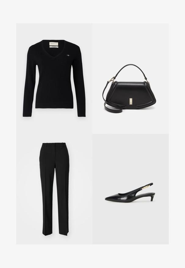 Black v-neck sweater made of soft knit fabric. Features long sleeves, ribbed cuffs, and a small embroidered logo on the chest.; Black tailored trousers with a straight-leg design, featuring a smooth texture and crisp creases along the front. No visible hardware.; Black leather slingback heels with a pointed toe, featuring a slim heel and a gold-tone accent on the adjustable strap. Smooth texture.; Black leather handbag with a structured design, featuring a cropped shape, top handle, and gold hardware accent. Adjustable shoulder strap included.
