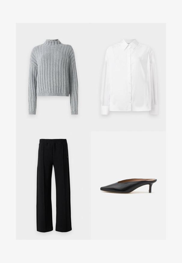 Light gray chunky knit sweater with ribbed pattern, mock neck, long sleeves, and a slightly cropped fit.; White long-sleeve button-up shirt in a smooth cotton blend. Features a classic collar, front button closure, and rounded cuffs.; Black straight-leg pants with elastic waistband and subtle textured pattern throughout the fabric on a white background.; Black leather mules with a pointed toe and low, block heel. Smooth texture with a sleek design. Open back with minimal detailing.
