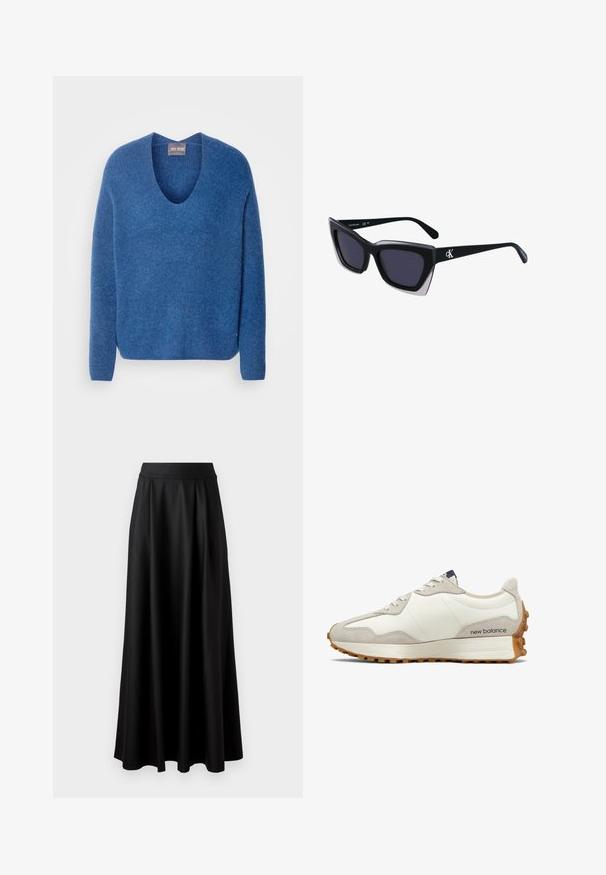 Mos Mosh THORA V-NECK - Pullover - set sail; Jupe longue noire avec une texture lisse, une taille large et un design plissé, sans motifs ni embellissements visibles.; Baskets blanches et beiges avec une tige en cuir lisse et des accents en suède. Dotées de lacets ronds, d'une semelle coussinée et d'une semelle extérieure en caoutchouc texturée.; Lunettes de soleil noires surdimensionnées avec une forme géométrique, dotées de verres foncés et d'un détail gris contrastant sur la monture. Logo sur la branche.; Boucles d'oreilles créoles en argent avec une surface lisse et brillante, présentant une forme incurvée et une fermeture à tige. Design minimaliste avec une finition moderne.