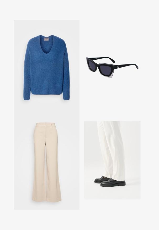 Mos Mosh THORA V-NECK - Striktrøje - set sail; Beige vidde bukser med en glat overflade, der har en høj talje og to forlommer. Renset design med en skræddersyet pasform.; Sorte læder loafers med en glat overflade, syninger og en rund tå, parret med hvide skræddersyede bukser.; Store sorte oversized solbriller med geometrisk form, med mørke linser og en kontrasterende grå detalje på stellet. Logo på armen.; Sølv hoop øreringe med en glat, skinnende overflade. Rundet form, letvægtsdesign med post-back lukning.