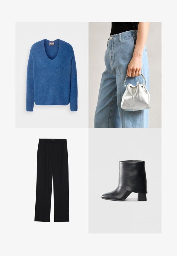 Mos Mosh THORA V-NECK - Džemperis - set sail; Melni bikses ar taisnu kāju dizainu, kurām ir divi priekšējie kabatas un jostasvieta. Izgatavotas no gludas, vieglas auduma.; Melnas ādas potītes zābaki ar norādītu purngalu, gludu tekstūru un strukturētu blokveida papēdi. Iezīmē augstu, salocītu apkakles dizainu.; Metāliskā sudraba somiņa ar teksturētu apdari, rotāta ar sudraba apaļu rokturi un aukliņu aizdari, turēta pretī gaišziliem džinsiem.