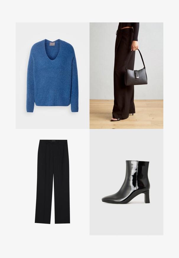 Mos Mosh THORA błękit królewski; Czarne spodnie o prostym kroju nogawek, z dwoma przednimi kieszeniami i paskiem w talii. Wykonane z gładkiego, lekkiego materiału.; Czarne lakierowane botki za kostkę z wysmukłym noskiem i średniej wysokości obcasem w kształcie słupka. Gładka tekstura i minimalistyczny design.; Czarna torebka o usztywnionym kształcie, gładkiej fakturze i metalowym zapięciem. Połączona z szerokimi czarnymi spodniami i sandałami na otwartym palcu na drewnianej podłodze.