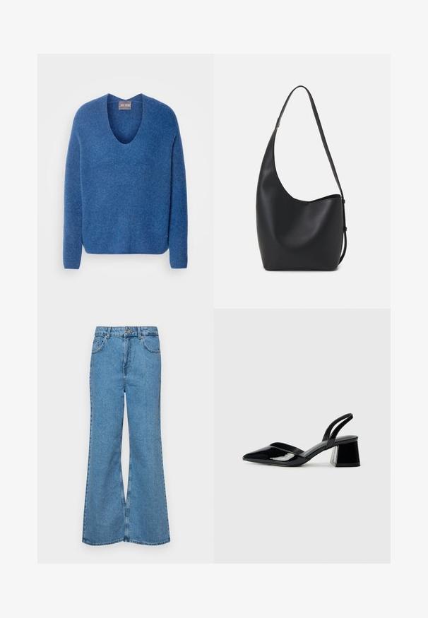 Mos Mosh THORA V-NECK - Camisola - set sail; Jeans de brim azuis claros, com corte à boca de sino, apresentando uma cintura alta, cinco bolsos e um fecho de botão único. Textura macia com acabamento desbotado.; Sandy em verniz preto com salto slingback, ponta afilada e salto geométrico. Apresenta um design elegante e minimalista com textura suave.; Saco hobo preto em pele com uma textura lisa, forma curva e uma única alça ajustável; apresenta uma abertura larga na parte de cima.