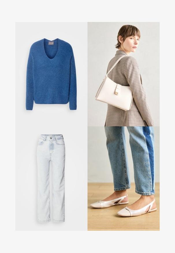 Mos Mosh THORA V-NECK - Pulover - set sail; Jeans ușor albastri, cu talie înaltă și croială dreaptă, din denim. Acestea au o închidere cu buton, un design cu cinci buzunare și o textură subtilă decolorată.; Sandalete plate de un roz pal cu vârf ascuțit, realizate dintr-un material asemănător pielii, neted. Prezintă detalii decupate pe laterale și un toc plat.; Geantă de mână din piele albă cu un design structurat, având o închidere magnetică și un breteau, expusă pe un fundal neutru.
