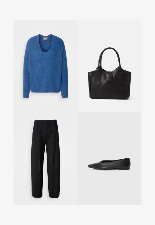 Mos Mosh THORA V-NECK - Jumper - set sail; Black trousers with a relaxed fit, pleated front, and belt loops. Smooth fabric and straight legs, featuring side pockets.; Black leather ballet flat, pointed toe, minimalistic design, smooth texture, low-profile heel, no visible hardware or embellishments.; Black leather tote bag with smooth texture, structured shape, two handles, and a prominent silver buckle detail on the front.