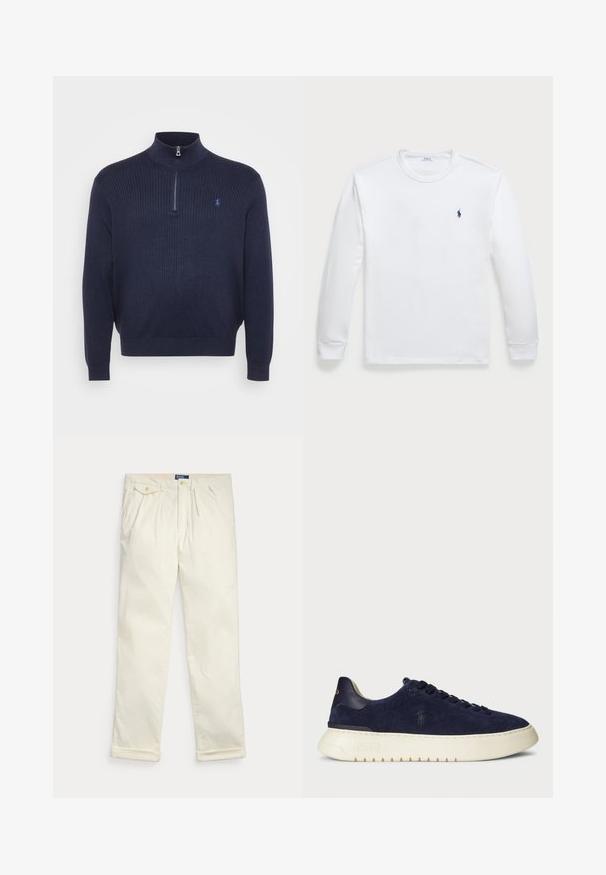 Tamsiai mėlynas megztinis su šonkačių raštu, aukštu apykaklės kraštu ir pusiau užtrauktuku, su mažuoju išsiuvinėtu logotipu kairėje krūtinės pusėje. Minkštas paviršius.; Ilgų rankovių baltas T-shirt, pagamintas iš medvilnės, turi apykaklę ir mažą tamsiai mėlyną logotipą kairėje krūtinės pusėje. Sklandus tekstūros, paprastas dizainas.; Kreminės spalvos korduro kelnės su klostėmis, šoninėmis kišenėmis, kišene su sagtele ir sulankstytais rankogaliais, išdėliotos ant balto fono.; Tamsiai mėlyni jovimo odos žemi sportbačiai su tekstūruotu paviršiumi, guma padais ir tonuotais raišteliais, su mažu logotipu šone ir ant kulno.
