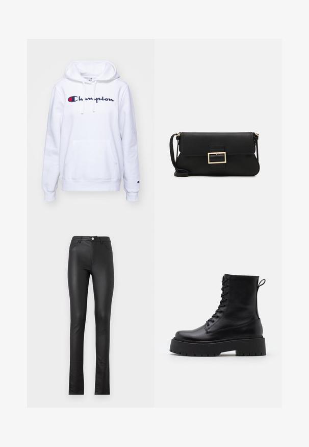 Champion ICONS CONTRAST LARGE LOGO - Sweatshirt - white; Black faux leather pants with a slim fit, featuring a front button closure, two front pockets, and a slightly flared hem at the bottom.; Black leather ankle boots with a round toe, lace-up front, and a thick rubber sole featuring a textured tread. Pull tab at the back.; Black leather clutch bag with a flap and a gold metal buckle detail. Includes a black strap and a sleek, minimalist design.