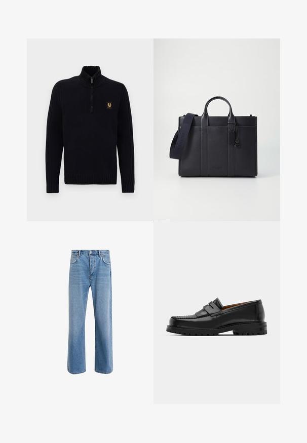 Črn rebrast pleten pulover s četrt zadrgo in visokim ovratnikom ter majhnim rjavim logotipom na levi prsni strani.; Svetlo modre denim kavbojke s ravno nogavico, petimi žepi, z gumbom za zapiranje, minimalnim zbledelostjo in kontrastnimi šivi.; Črne usnjene loafersice imajo dvignjen šiv, dve dekorativni trakovi na zgornjem delu in debel strukturiran podplat za boljši oprijem.; Temno mornarsko usnjeno aktovko z dvema zgoraj ročaji in odstranljivim trakom. Ima teksturirano površino, navpične šive in podrobnost z logotipom.