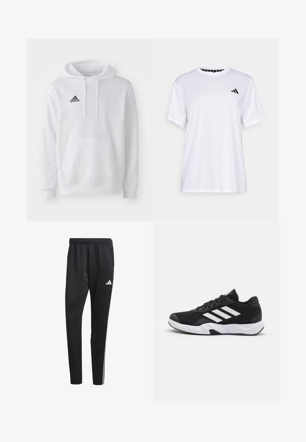 Hanorac alb din bumbac, cu puțină buzunar frontal tip kangur, glugă cu șnur și logo-ul Adidas de culoare neagră pe partea stângă a pieptului.; Tricou sportiv alb cu mâneci scurte, fabricat dintr-un material care elimina umezeala. Are un logo negru pe pieptul stâng și o guler interiory cu un design patterned.; Pantaloni sport negru cu un brâu elastic, dungi albe pe lateral și un mic logo alb pe coapsă. Realizați dintr-un material neted și ușor.; Pantofi sport negri cu un material din plasă texturată, benzi albe de accent, o talpă cushioned și un călcâi întărit pentru suport.