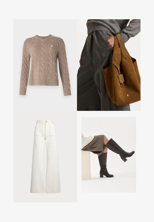 Polo Ralph Lauren CLASSIC LONG SLEEVE - Džemperis - mushroom; Plati kojinės džinsai of white denimo. Aukštas liemuo, su mygtuko uždarymu, dviem priekinėmis kišenėmis ir kontrastingai siuvinėjimu.; Rudi odiniai kanyo ilgio batai su kvadratiniu pirštu, storu kulnu ir šoniniu užtrauktuku. Lygus paviršius su blizgiu apdaila.; Ruda suedinė rankinė apvalios formos, su dviem rankenomis ir metaliniu akcentu. Priekyje yra mažas logotipas.