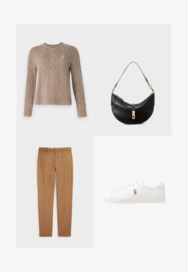 Polo Ralph Lauren CLASSIC LONG SLEEVE - Jumper - mushroom; Brown cotton trousers with a slim-fit design, flat front, and standard pockets; smooth texture and hemmed cuffs.; White leather sneakers, low-top design, featuring a smooth texture, round toe, laced front, and a small embroidered logo on the side.; Black leather handbag in a half-moon shape. Features a gold hardware accent and a narrow strap. Smooth texture, zipper closure at the top.