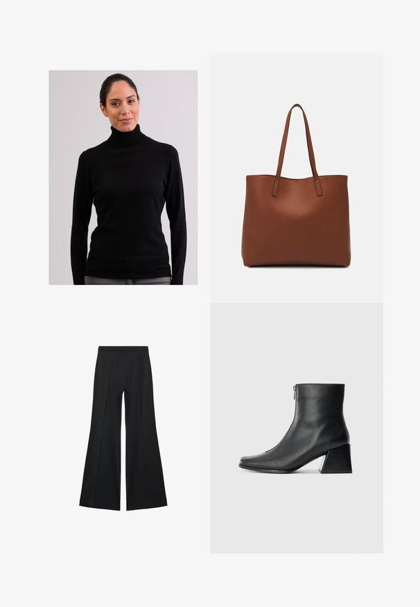 CASH-MERE CASH-MERE ROLLKRAGEN PULLOVER - Strickpullover - schwarz; Schwarze weit geschnittene Hose mit glatter Textur, ausgestattet mit Frontfalten und einem taillierten Design. Der Stoff ist leicht und fließend.; Schwarze Lederstiefelette mit quadrater Zehenform, seitlichem Reißverschluss und Blockabsatz vor einem schlichten hellen Hintergrund.; Braune Leder-Tote mit glatter Textur, offenem Oberteil und zwei Schulterriemen. Verfügt über minimale Nähte und keine sichtbaren Beschläge.