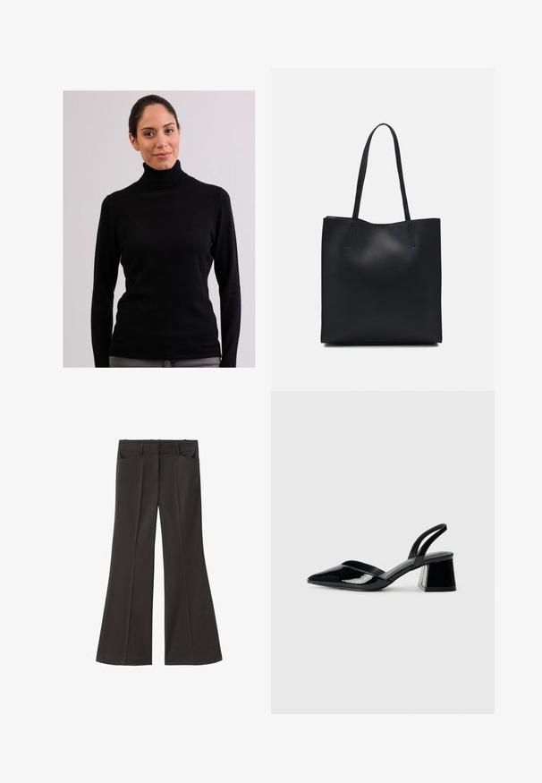 CASH-MERE CASH-MERE ROLLKRAGEN PULLOVER - Strickpullover - schwarz; Schwarze, weit geschnittene Hosen mit hoher Taille; verfügt über zwei Fronttaschen und eine glatte Stoffoberfläche. Geeignet für verschiedene Anlässe.; Schwarze Lackleder-Slingback-High Heels mit spitzem Schuh und einem geometrischen Blockabsatz. Verfügt über ein schlankes, minimalistisches Design und eine glatte Textur.; Schwarze Laptoptasche aus Leder mit glatter Textur, rechteckiger Form und zwei langen Griffen. Keine sichtbaren Beschläge oder Verzierungen.