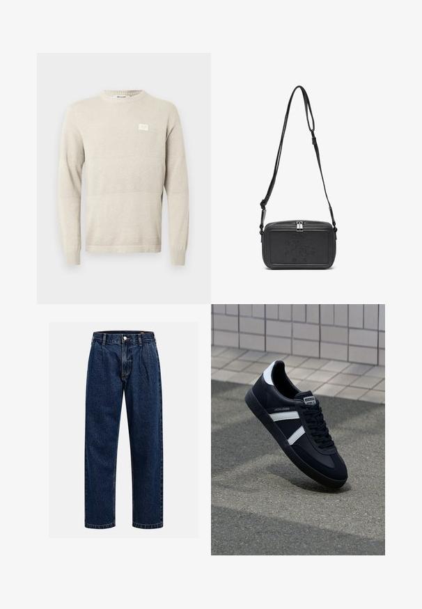 Light beige knit sweater with textured patterns, long sleeves, and a round neck. Features a small label on the chest.; Dark blue denim jeans with a straight-leg design. Features visible stitching, a button closure, and front pleats for added detail.; Black leather sneaker with white stripes, textured rubber sole, and lace-up front. Features a branded label on the tongue.; Black leather crossbody bag with a zip closure, embossed logo on the front, and adjustable strap. Smooth texture with a rectangular shape.