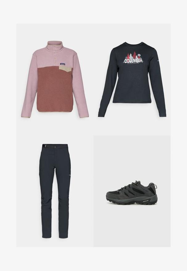 Patagonia - Bluza z polaru; Długie rękawy, ciemnoszara koszula z grafiką czerwonych drzew i gór; logo "COLUMBIA" w wyraźnym białym tekście. Miękka tkanina, standardowy okrągły dekolt.; Męskie spodnie outdoorowe, ciemnoszare, wykonane z elastycznego materiału, z paskiem, kieszeniami na zamek oraz wzmocnionymi szwami.; Columbia REDMOND czarny