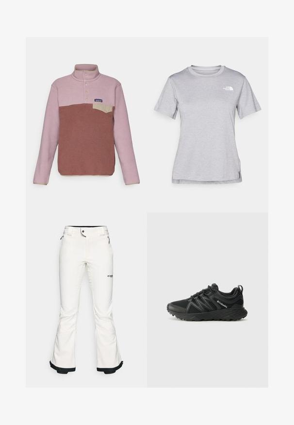 Patagonia SNAP - Felpa in pile - dulse mauve; T-shirt grigio a maniche corte realizzato in morbido tessuto traspirante. Presenta un collo tondo e un piccolo logo bianco nella parte superiore sinistra.; Pantaloni da sci bianchi realizzati in materiale morbido e flessibile. Presentano una vita aderente, gambe ampie e svasate, con rifiniture nere ai polsini. Logo del marchio visibile.; Columbia PEAKFREAK - Scarpa da hiking - black