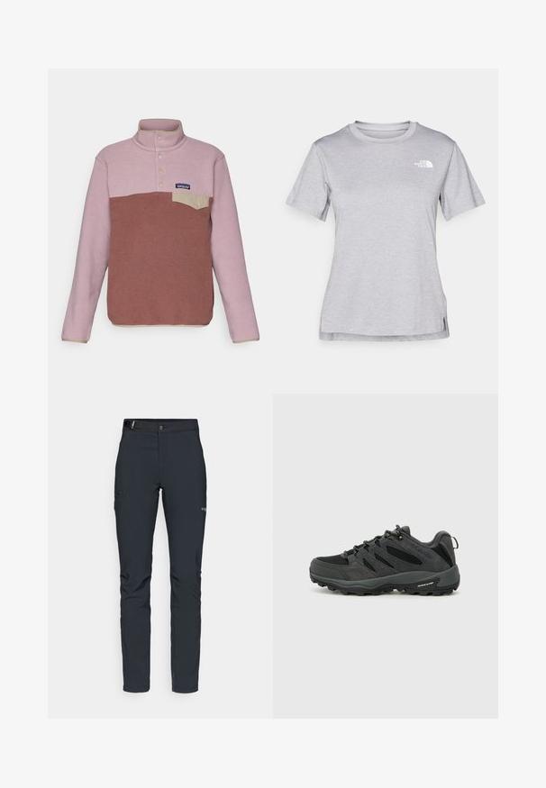 Patagonia SNAP - Fleecetrøjer - dulse mauve; Grå kortærmet T-shirt lavet af blødt, fugttransporterende materiale. Har en rund hals og et lille hvidt logo øverst til venstre.; Herrers udendørsbukser, mørkegrå, lavet af fleksibelt materiale, med bælte, lynlåslommer og forstærkede syninger.; Columbia REDMOND - Hikingsko - black/citron haze