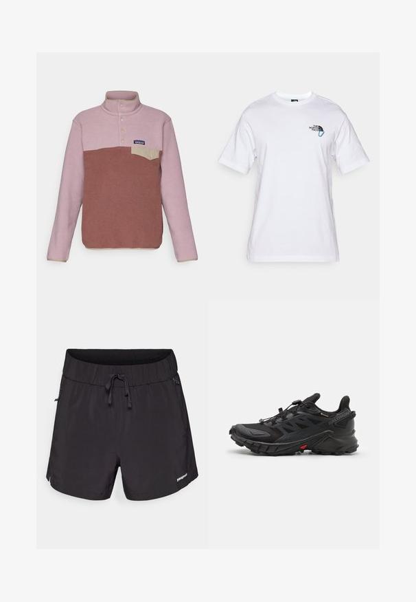 Patagonia SNAP - Fleecegenser - dulse mauve; The North Face EXPLORE CARABINER RELAXED TEE UNISEX - T-shirts med print - white; Sorte svømmedrakter laget av lett materiale, med elastisk midje, snøring og sidelommer for funksjonalitet.; Svarte sportsko med en teksturert overdel, utstyrt med et sikkert snordsystem, en polstret såle og et fremtredende rødt accent på siden.