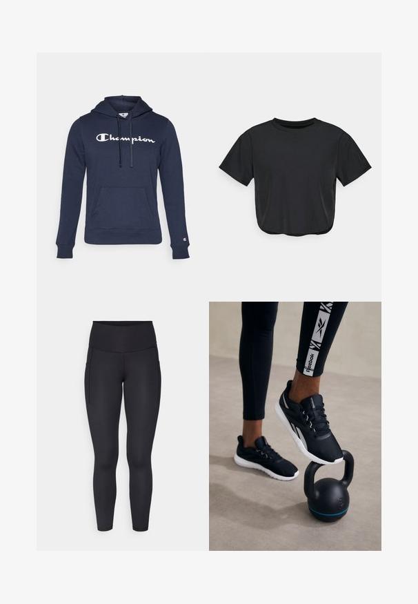 Zilā kapucēta džemperis, izgatavots no mīkstas auduma. Iekļauj kangaroo kabatu, regulējamu kapuci un izteiksmīgu baltu "Champion" logo priekšā.; Melna īsā T-krekls, izgatavots no mīkstas auduma, ar apaļu kakla izgriezumu, īsām piedurknēm un brīvu piegriezumu. Diskrēti šuvju elementi.; Melnas legingi, izgatavoti no elastīgas auduma, ar augstu jostasvietu un divām sānu kabatām. Gluda tekstūra un pieguloša forma.; Melni sporta apavi ar struktūrētu augšdaļu, balto zoli un pelēkiem akcentiem, novietoti uz melna kettlebella ar zilā svītru, uz neitrāla fona.