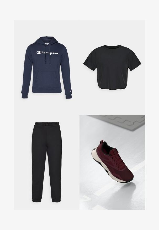 Tumesinine kapuutsviidri pehme kangast. Omab kiivriga taskut, reguleeritavat kapuutsi ja esiküljel silmapaistvat valget "Champion"logo.; Must mustrinda mustel t-särk, mis on valmistatud pehmest materjalist, ümmarguse kaelusega, lühikeste varrukatega ja mugava lõikega. Peened õmblusdetailid.; Champion C-TECH CUFFED PANTS INTERLOCK - Dresside alumine osa - black; Bordoo spordijalanõud, millel on võrgust pealispind, mustad aktsendid ja pehme valge tald. Omab soonkinnitust ja kandmist hõlbustavat konksu kontsapooles.