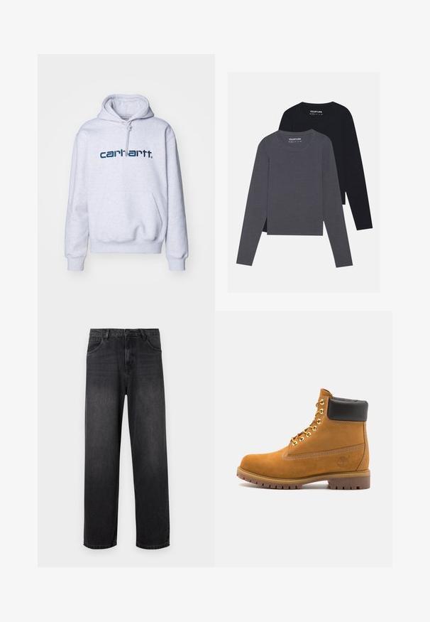 Carhartt WIP HOODED - Felpa con cappuccio - ash heather/duck blue; YOURTURN 2 PACK UNISEX - Maglietta a manica lunga - dark grey/black; Jeans in denim grigio scuro con un design a gamba dritta, dotati di zip, cinque tasche e dettagli di sbiadimento sottili sul tessuto.; Stivale alla caviglia in suede tan con collare imbottito nero, occhielli in metallo dorato, dettagli in cucitura bianca e suola in gomma robusta con battistrada pronunciato.