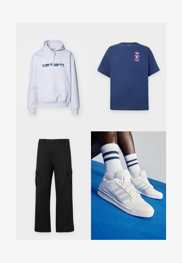 Carhartt WIP - Bluza z kapturem; Granatowa bawełniana koszulka z krótkim rękawem, okrągłym dekoltem i różową grafiką przedstawiającą logo Adidas oraz motyw ananasa na klatce piersiowej.; Czarne spodnie cargo o prostym kroju. Wykonane z trwałej tkaniny, posiadają dwie boczne kieszenie z klapkami oraz zapięcie na guzik.; Białe skórzane trampki z perforowanymi akcentami, trzema metalicznymi paskami i teksturowaną boczną panelą. Noszone z białymi skarpetkami z niebieskimi paskami.