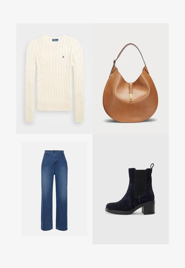 Kreminė megzta palaidinė su ilgomis rankovėmis, gumbuotais rankogaliais ir apačia, su nedideliu išsiuvinėtų logotipu kairiajame krūtinės kampe.; Aukštos liemens džinsai, vidutinio mėlynumo. Yra priekiniai mygtukų akcentai ir plati kojų forma. Audinys turi lygią tekstūrą su lengvu apdailos nusidėvėjimu.; Tamsiai mėlynos suknelės odos aulinukai iki kulkšnių su elastingu šoniniu paneliu, apvaliu pirštu ir bloko kulnu. Tekstūruota medžiaga ir lygi padas suteikia kontrastą.; Ruda odinė rankinė kreivai formai su plačiu petiniu diržu. Pabrėžia auksinį metalinį akcentą centre ir lygų paviršių.