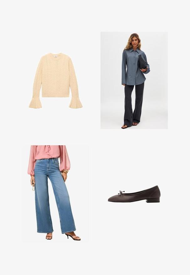 Kermavaalean neulepuseron, jossa on palmikkokuvio, pyöreä kaula-aukko ja levenevät hihat, aseteltuna litteänä valkoista taustaa vasten.; Raitapaita sinisessä, yhdistettynä mustiin leveälahkeisiin farkkuihin ja mustaan käsilaukkuun. Silkkinen kangas ja leveät hihat, rento istuvuus.; Vaaleansiniset korkeavyötäröiset leveälahkeiset farkut, joissa on klassinen denim-pinta. Yhdistetty vaaleanpunaisen röyhelöblouserin ja mustien sandaalien kanssa, joissa on korkeat korot.; Ruske kožne balerinke s zaobljenim vrhom i malim blok petom. Imaju tanke mašne sprijeda i suptilne šavove.